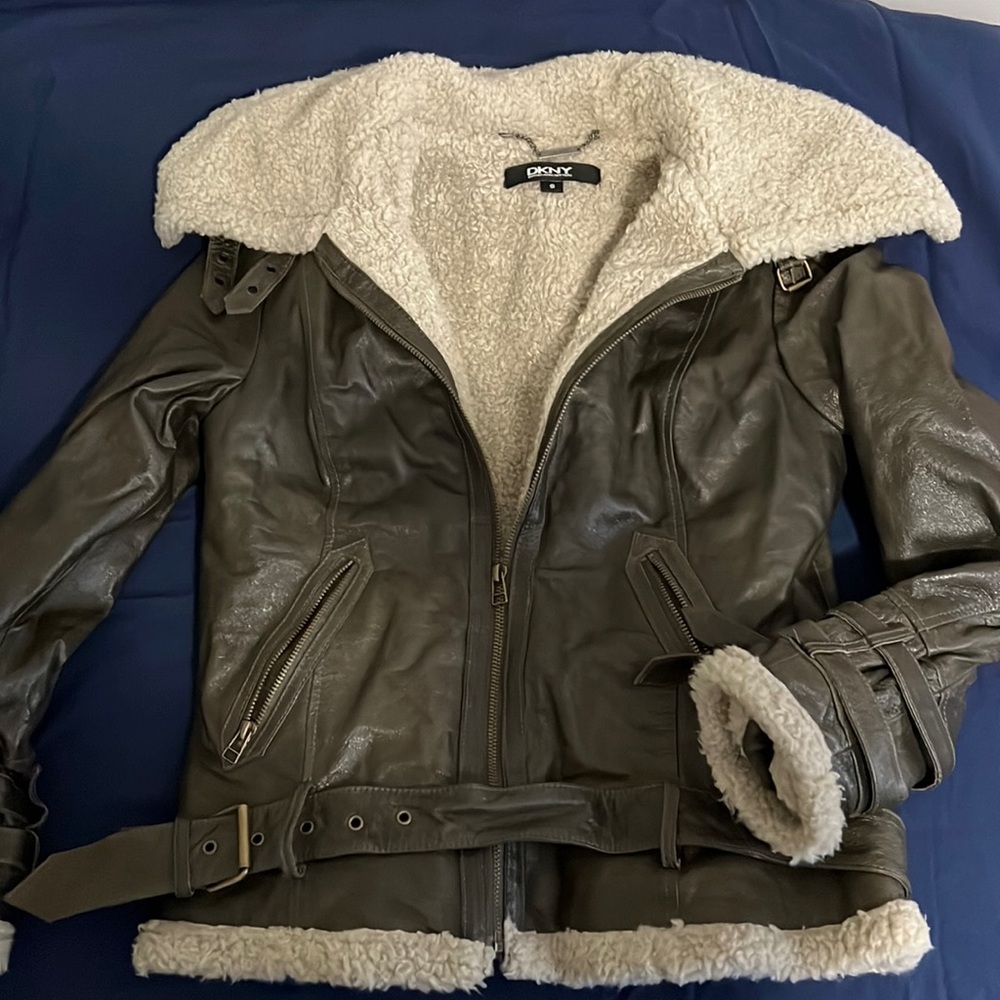 Dkny Leather Aviator Bomber Sherpa Gem